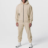Men's Casual Solid Color Fleece Slim Fit Hooded Zipper Sweatshirt Sweatpants Set 53700824M