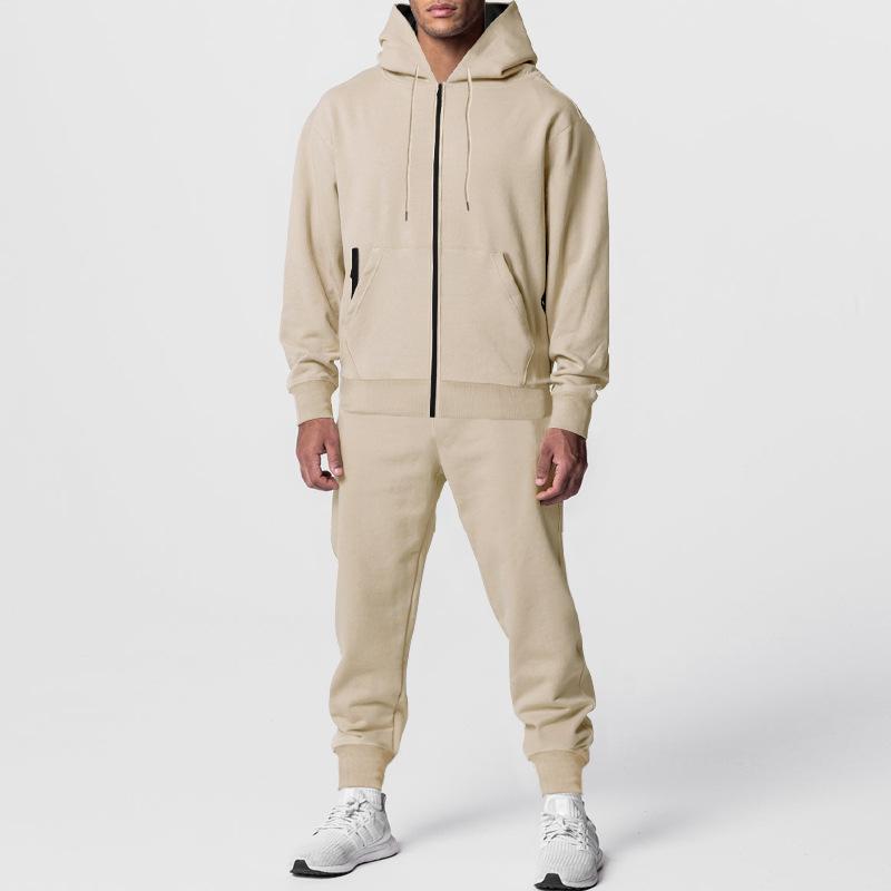 Men's Casual Solid Color Fleece Slim Fit Hooded Zipper Sweatshirt Sweatpants Set 53700824M