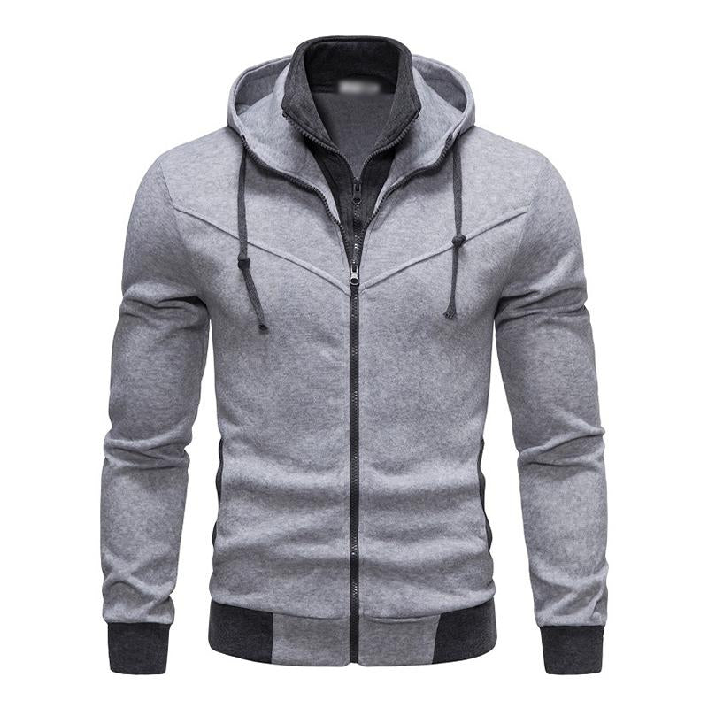 Men's Casual Slim Contrast Double Collar Hooded Zip Sweatshirt 37180172M
