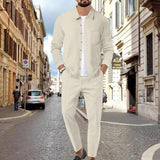 Men's Waffle Solid Color Casual Long Sleeve Pants Two-Piece Set 41374193X