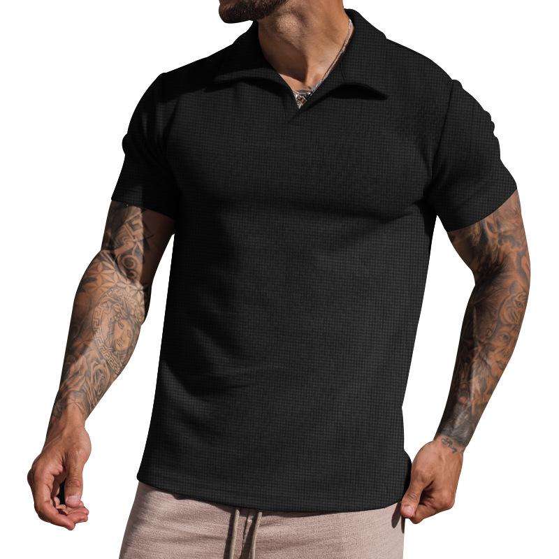 Men's Waffle Loose Short Sleeve Solid Color Casual Lapel Polo Shirt 49265793Z