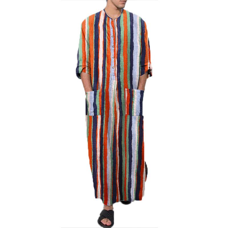 Men's Casual Striped Printed Long Sleeve Muslim Robe 93361705M