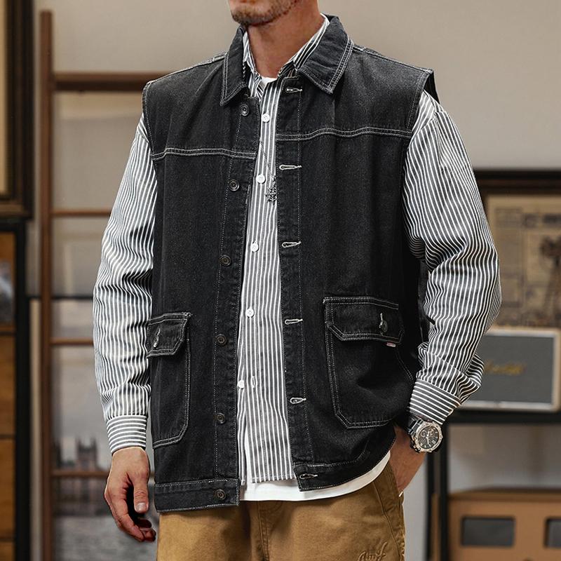 Men's Vintage Cargo Large Pocket Denim Vest 61405598Y