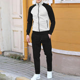 Men's Contrast Color Stand Collar Jacket Casual Pants Sports Two-piece Set 67757381X