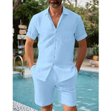 Men's Cotton And Linen Short-Sleeved Shirt And Shorts Set 68755970Y