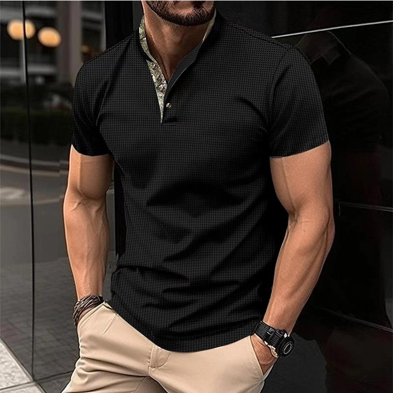 Men's Solid Color Waffle Stand Collar Short Sleeve  Shirt 29674838X