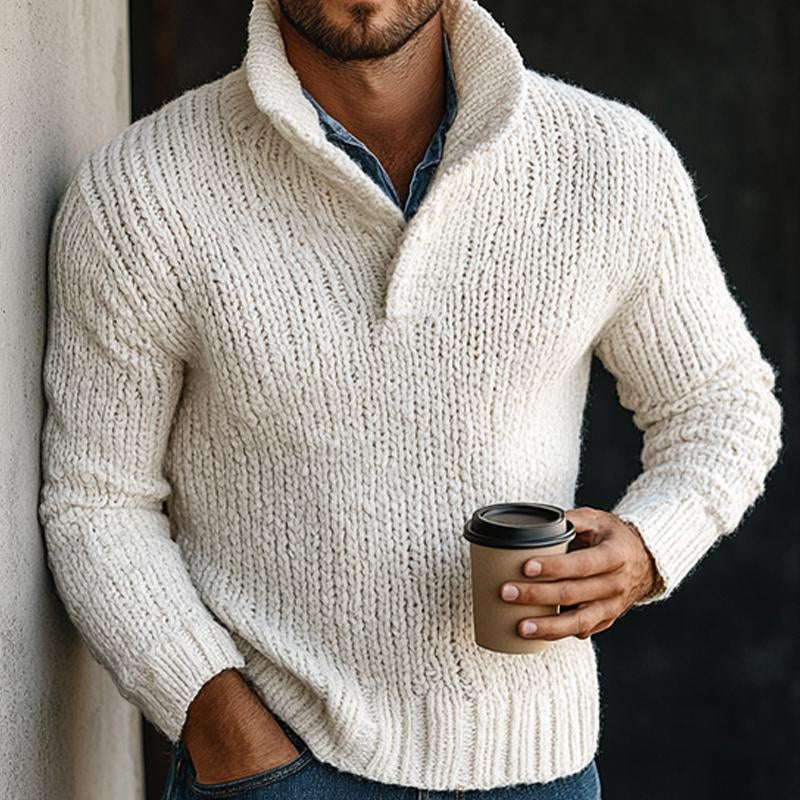 Men's Vintage White Stand Collar Knit Sweater 50048428U