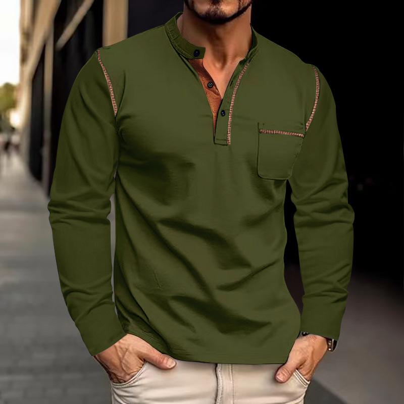 Men's Colorblock Henley Collar Breast Pocket Long Sleeve T-shirt 86794951Z