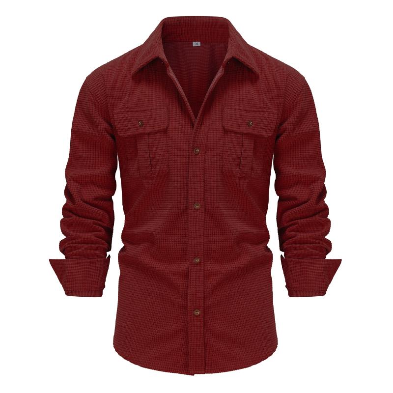 Men's Retro Solid Color Long-sleeved Plaid Texture Corduroy Lapel Shirt 35399036X