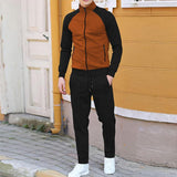 Men's Contrast Color Stand Collar Jacket Casual Pants Sports Two-piece Set 67757381X