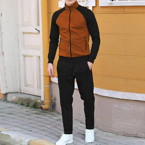 Men's Contrast Color Stand Collar Jacket Casual Pants Sports Two-piece Set 67757381X