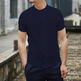 Men's Vintage Stand Collar Cotton Linen Short Sleeve Shirt 40504441M
