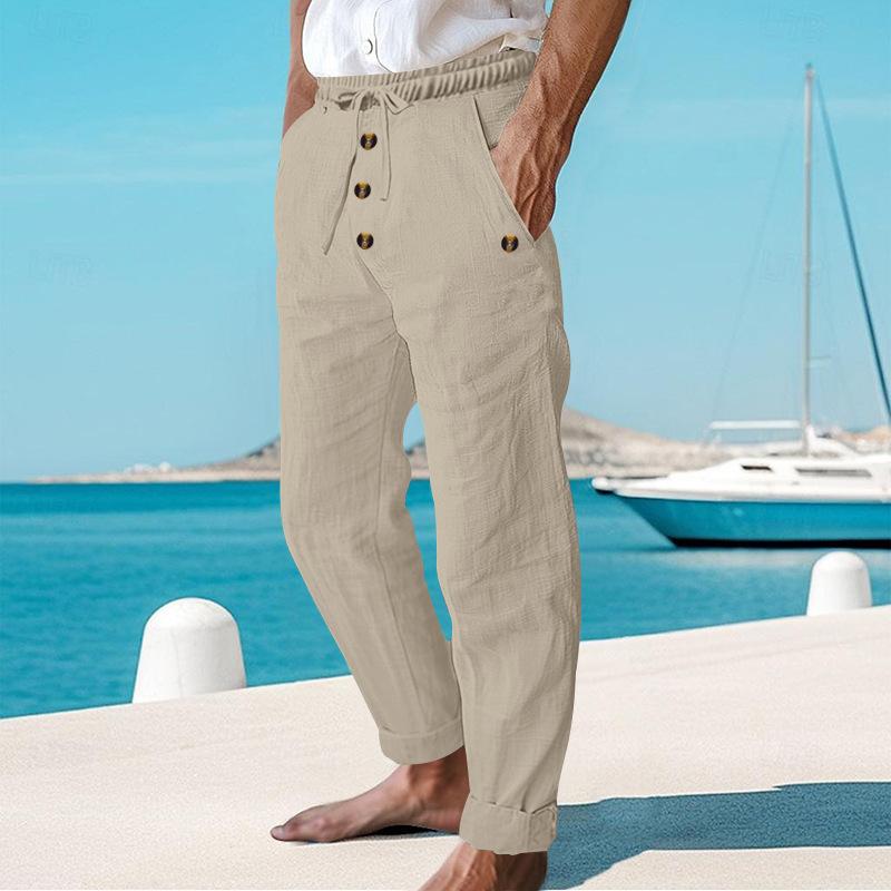 Men's Beach Solid Color Cotton and Linen Drawstring Pants 80434182Y