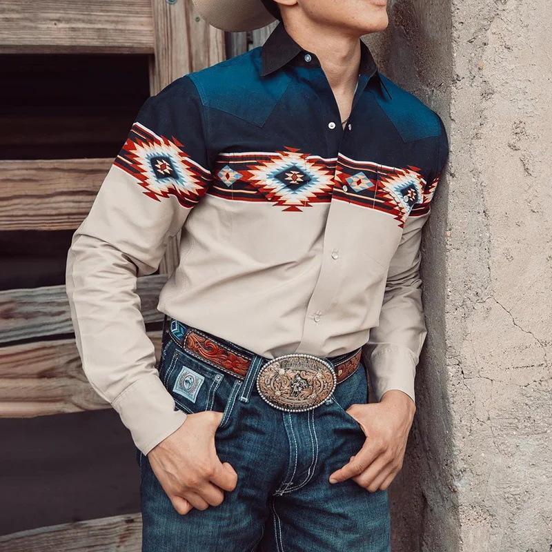 Camisa de manga larga con solapa y estampado vaquero estilo western para hombre 35190529X