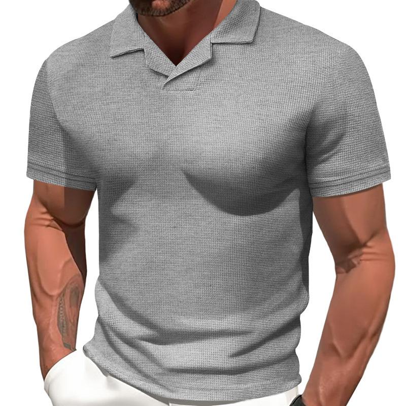 Men's Casual Solid Color Waffle Lapel Short Sleeve Polo Shirt 36423876M