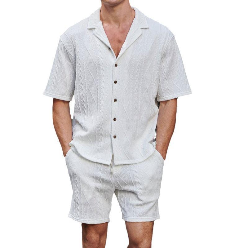 Men's Jacquard Texture Short-Sleeved Shirt And Shorts Set 62387290Y
