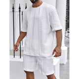 Men's Casual Solid Color Textured Fabric Short-Sleeved T-Shirt Short Set 79344374Y