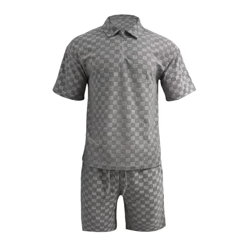 Men's Zipper Lapel Jacquard Plaid Short-Sleeved T-Shirt Shorts Set 34440665Y