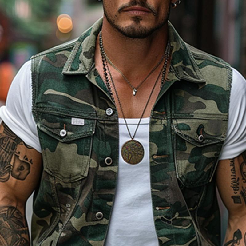 Vintage Camouflage Canvas Lapel Vest for menn 83480535X