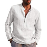 Men's Casual Cotton Linen Solid Color Henley Collar Long Sleeve Shirt 47322819M