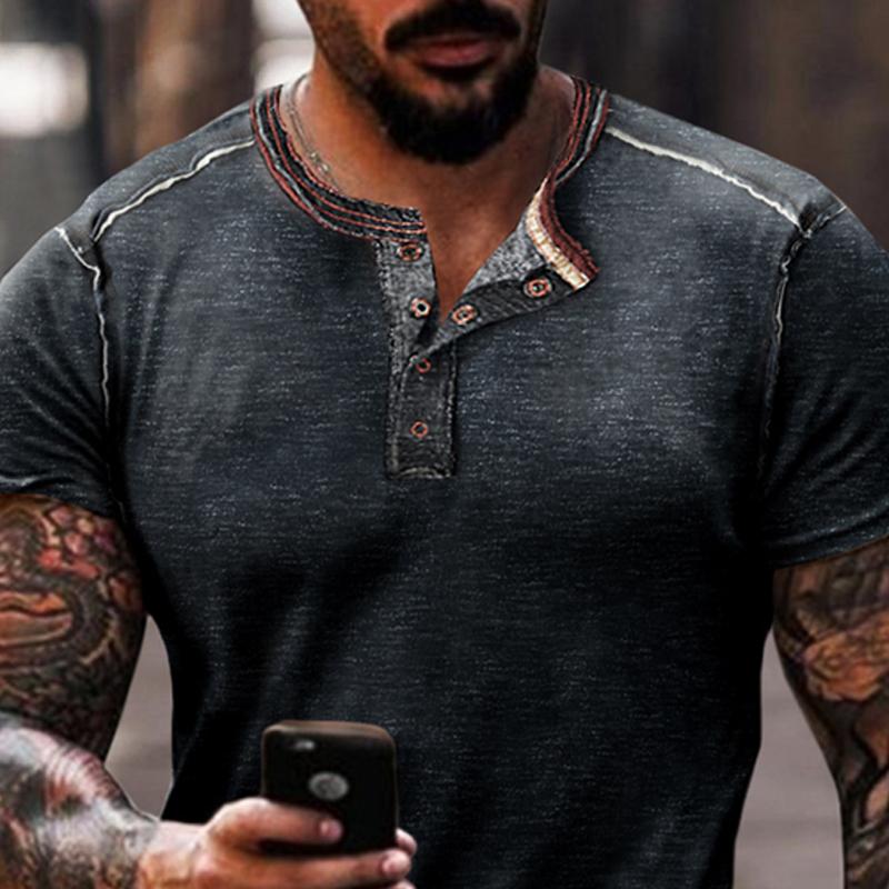 T-shirt da uomo con stampa vintage a maniche corte e collo Henley 92715536X