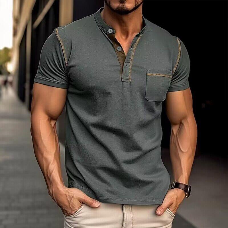 Lässiges Kurzarm-T-Shirt mit Henley-Kragen und Farbblock für Herren 53275107Y