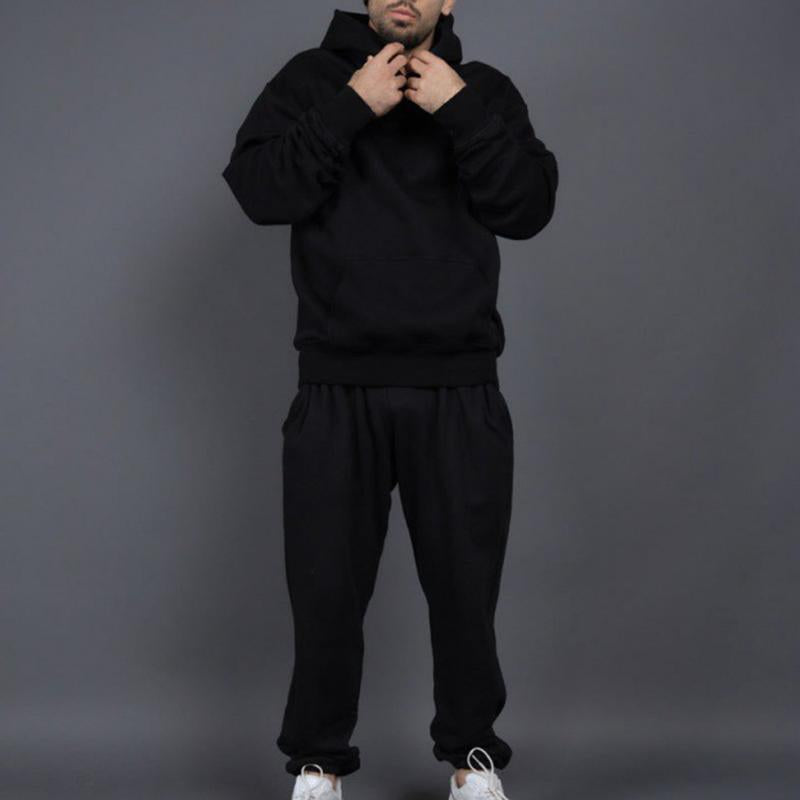 Men's Casual Solid Color Thickened Loose Pullover Hooded Sweatshirt Sweatpants Set 41583773M