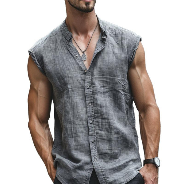 Men's Casual Cotton Linen Stand Collar Roll-up Sleeveless Shirt 42352882M