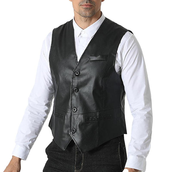 Men's Vintage Solid Color V-Neck Multi-Pocket Leather Vest 44280861Y