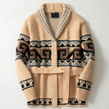 Men's Vintage Geometric Jacquard Knit Belted Cardigan 70131008X