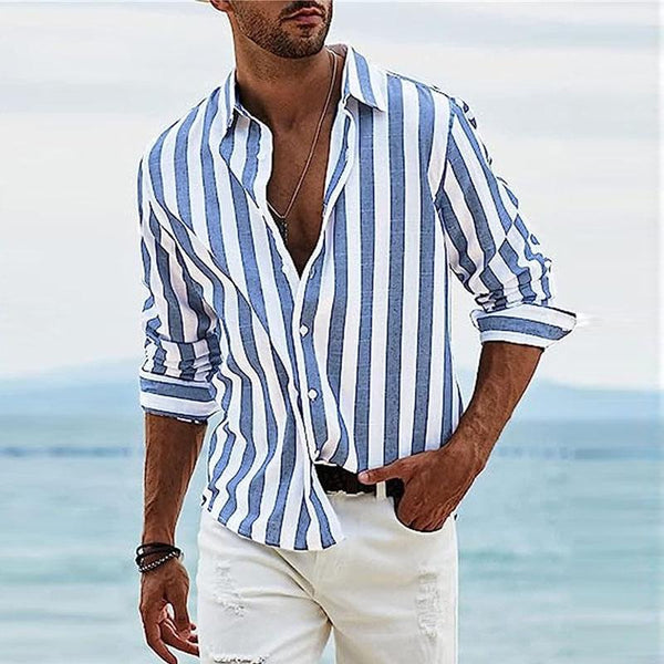 Men's Casual Striped Print Lapel Long Sleeve Shirt 44052774Y