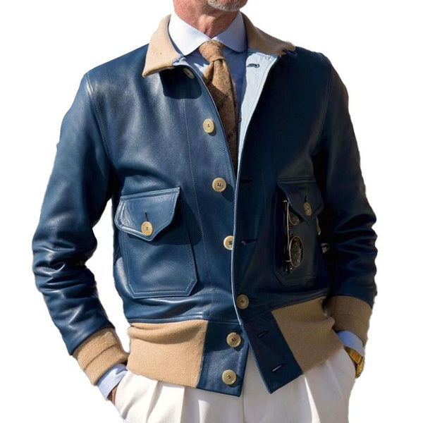 Men's Plain Lapel Color Block Leather Jacket 33494349X