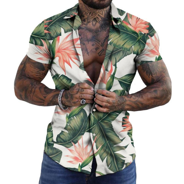 Men's Hawaiian Birds of Paradise Lapel Short Sleeve Shirt 19706260TO