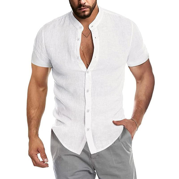 Men's Casual Cotton Blended Stand Collar Button Short Sleeve Shirt 60641282M