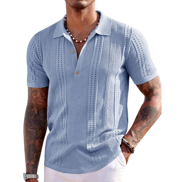 Men's Solid Color V-Neck Knitted Short-Sleeve Polo Shirt 10886990Y