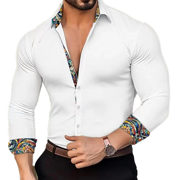 Men's Casual Patchwork Printed Collar Long Sleeved Shirt 14627376Y