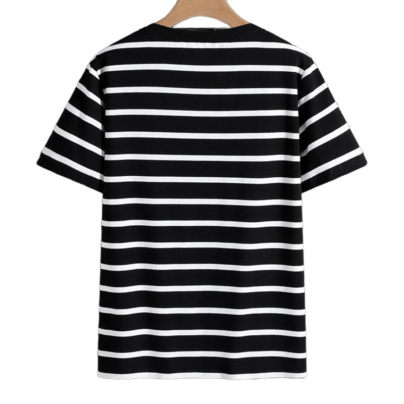 Men's Casual Cotton Blended Round Neck Striped Loose Short Sleeve T-Shirt 88677815M