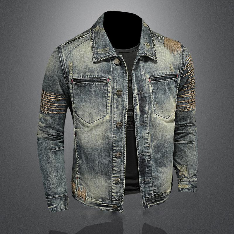 Men's Vintage Washed Lapel Slim Fit Denim Motorcycle Jacket 11204882M