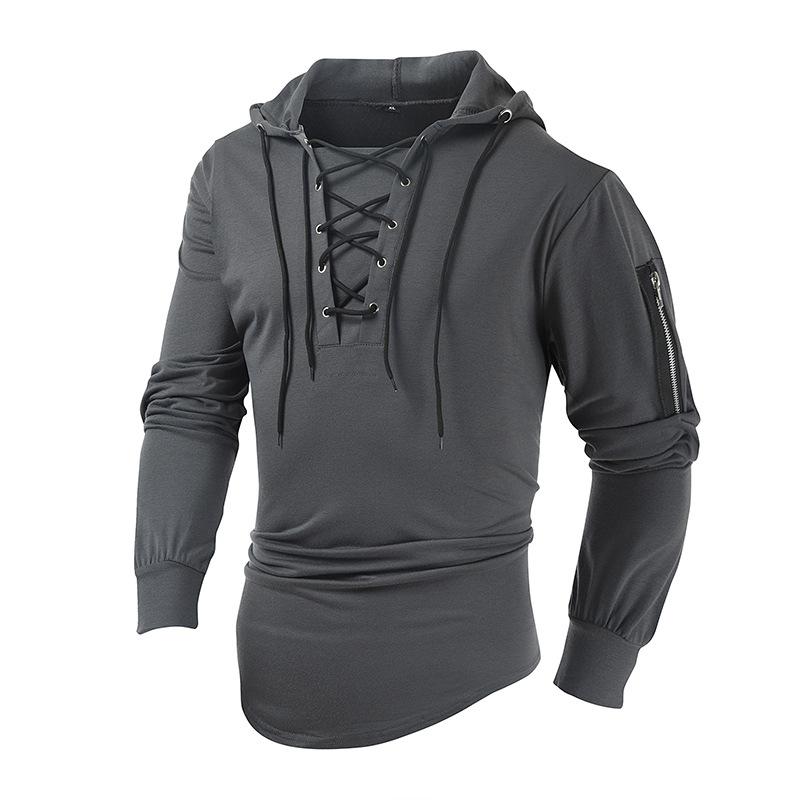 Men's Casual Solid Color Collared Zipper Pocket Long Sleeve Hoodie 23458794M