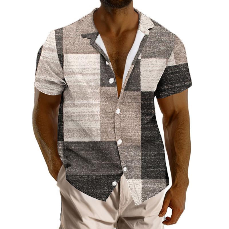 Men's Printed Colorblock Lapel Short Sleeve Shirt 34572596X
