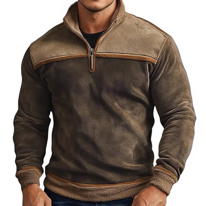 Men's Retro Stand Collar Splicing Fleece Sweatshirt 79771774U