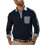 Men's Lapel Plaid Patchwork Button Long Sleeve Polo Shirt 08297737U