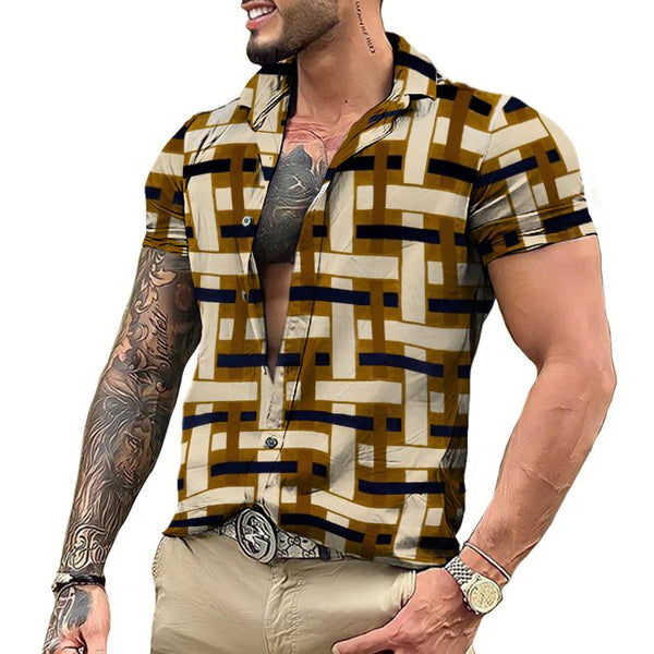 Men's Retro Casual Plaid Lapel Short Sleeve Shirt 35761775TO