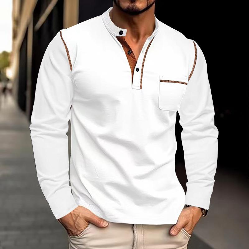 Men's Colorblock Henley Collar Breast Pocket Long Sleeve T-shirt 86794951Z