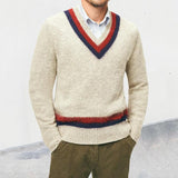 Men's Casual V-Neck Colorblock Mohair Long-Sleeved Knitted Pullover Sweater 54827294M