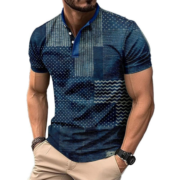 Men's Striped Geometric Print Button Short Sleeve T-Shirt 82062555X