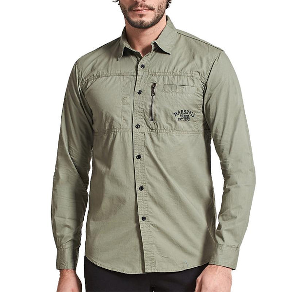 Men's Vintage Lapel Zip Chest Pocket Long Sleeve Shirt 03859168Y