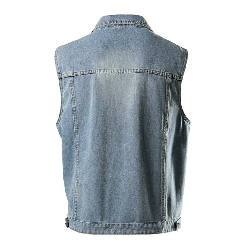 Men's Vintage Washed Raw Edge Patchwork Multi-pocket Denim Vest 01135191M