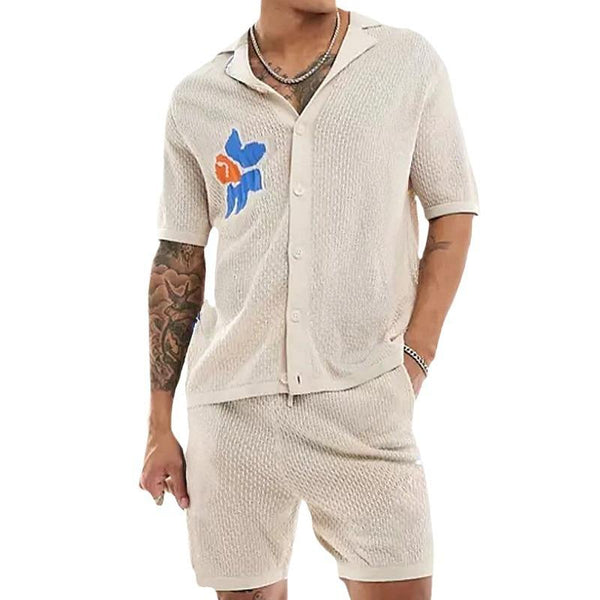Men's Retro Jacquard Knit Lapel Short Sleeve Cardigan Shorts Set 18403437M