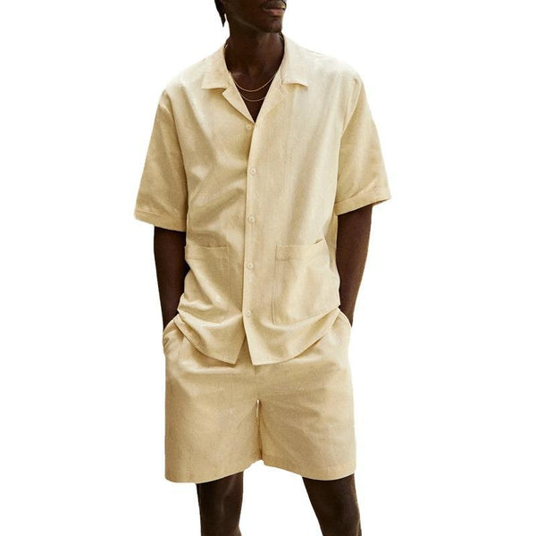 Men's Solid Lapel Short Sleeve Shirt And Shorts Casual Set 18199515Z